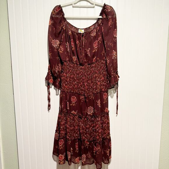 fig and flower Dresses & Skirts - Fig Flower Maroon Floral Tiered Peasant Dress Midi Length Size XL